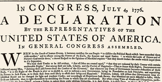 The opening section of the original printing of the Declaration, printed on July 4, 1776 under Jefferson's supervision. Image courtesy of Wikimedia Commons