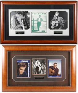 Framed collection of Elvis Presley memorabilia and autographs, including a Presley-signed copy of the sheet music for ‘I Got Stung!’ Price realized: $5,000. Ahlers & Ogletree image