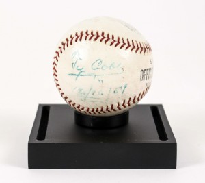 Baseball signed by baseball legend Ty Cobb, showing his signature and the date (12/16/59) in ballpoint pen. Price realized: $2,250. Ahlers & Ogletree image
