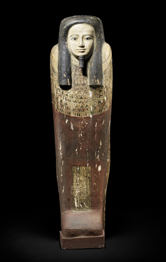 Circa 664-332 BC Egyptian polychrome-painted wood sarcophagus from Late Dynastic Period, displays hieroglyphic text, COA from Samuel Haddad Works of Art, NY; acquired from government of Anwar Sadat in 1970s. Est. $80,000-$100,000. Ancient Resource image