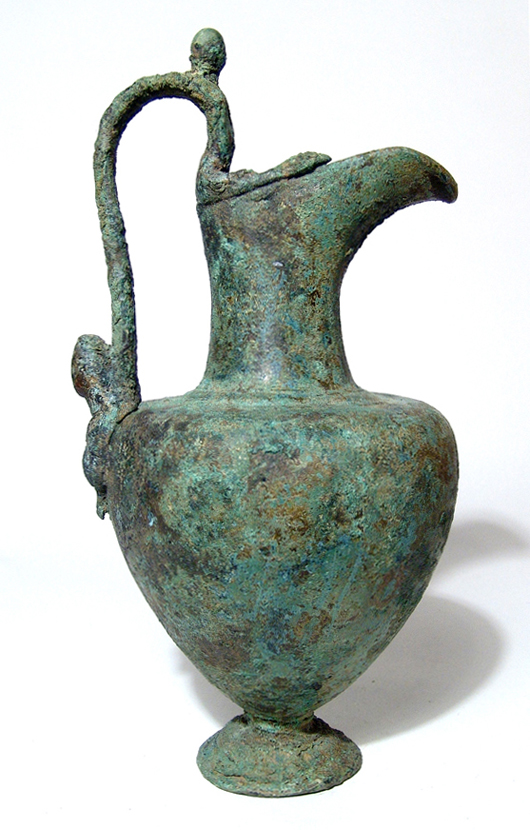 Roman bronze ewer, circa 1st century AD, 9½ inches, ex Ernest Freemark collection formed 1913-1915, ex Knickerbocker family collection, New York. Est. $5,000-$6,000. Ancient Resource image