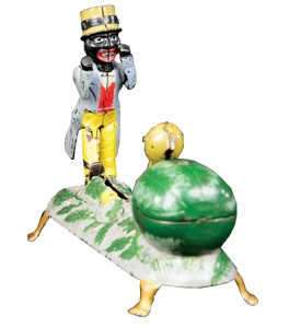 ‘Darky Kicking Watermelon’ mechanical bank, J. & E. Stevens Co., designed by Charles A. Bailey, patented 1888, one of four known examples, provenance: Wally Tudor, F. H. Griffith, Leon Perelman and Stan Sax collections; est. $225,000-$300,000. Bertoia Auctions image
