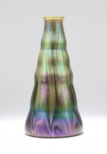 This large Loetz iridescent art glass vase wildly exceeded expectations when it sold for $8,400, largely due to its unusual form. Its estimate was $400 to $600. John Moran Auctioneers image