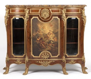 With gilt bronze mounts very possibly by the celebrated French bronzier Paul Sormani (1817-1887), this elegant Regence style Vernis Martin vitrine cabinet sold for $60,000 (estimate: $5,000 to $7,000). John Moran Auctioneers image