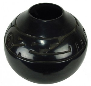Santa Clara blackware storage pottery jar by Margaret Tafoya (Ariz./N.M., 1904-2001), with Avanyu-style band. Estimate: $6,000-$12,000. Allard Auctions Inc. image.