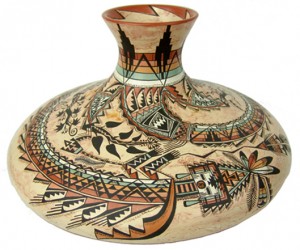 Late 1900s Navajo original design pottery jar by Lucy Leuppe McKelvey with painted designs on mottled clay. Estimate: $2,500-$5,000. Allard Auctions Inc. image.
