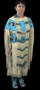 Outstanding Shoshone woman's sinew sewn flat and lazy stitch beaded white buckskin outfit, circa 1960s, small/medium. Estimate: $3,000-$6,000. Allard Auctions Inc. image.