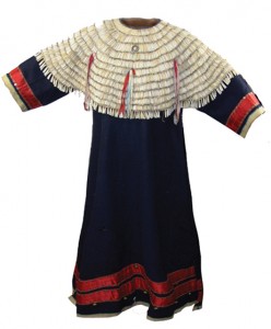 Rare Sioux 12-row fully covered, removable shell yoke with canvas; a dentalium and trade cloth dress, circa 1900. Estimate: $10,000-$20,000. Allard Auctions Inc. image.
