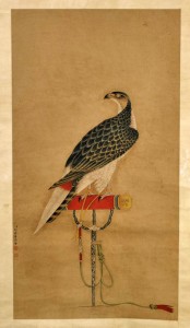 Three Chinese paper scrolls: two ink and color, one depicting a falcon upon a perch, another a vulture on a ledge; together with ink and wash on paper depicting grazing donkeys, inscription and seal marks to each; 40 in. x 22 in. (largest). Estimate: $300-$400. I.M. Chait Gallery/Auctioneers image