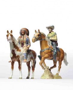 Mounted Indian, Model no. 1391 and Canadian Mounted Cowboy, Model no. 1377, both in gloss finish. Photo Tennants Auctioneers