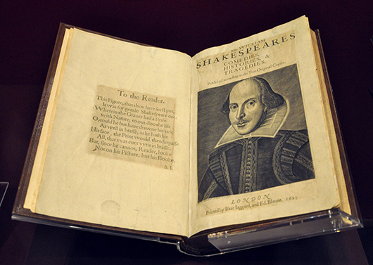 The Victoria and Albert Museum's copy of the First Folio (Mr William Shakespeare's Comedies, Histories & Tragedies), London 1623. Image courtesy of Wikimedia Commons