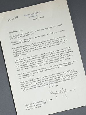 April 5, 1968 letter from President Lyndon Baines Johnson to Coretta Scott King, offering condolences after the assassination of the Rev. Dr. Martin Luther King Jr. The letter will be auctioned on March 12, 2015 at Quinn's Auction Galleries, with a $120,000-$180,000 estimate.