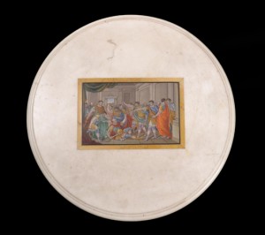 Lot 401 – Antique micromosaic ‘Assassination of Julius Caesar’ in marble tabletop. Roland Auctions NY image