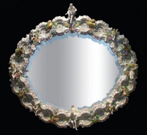 Beautiful 19th century porcelain Meissen mirror with applied roses and figurals. Stevens Auction Co. image