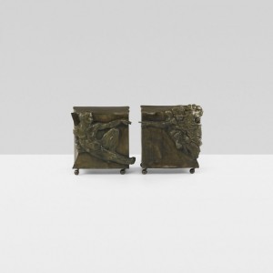 The LaVernes drew designs not only from Classical and Far Eastern archaeology but also from well-known works of art. The ‘Creation of Man’ theme after Michelangelo appears as a surface pattern and more rarely in the studio’s experiments in full-bodied sculpture. These occasional tables on casters, circa 1965, patinated brass and bronze over pewter, sold for $10,000 at Wright in 2012. Courtesy Wright Auctions