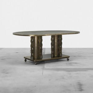 While the Lavernes made many coffee tables, full-size dining tables are one of the rarest forms. This example with an abstract surface design of geometric circles and ornamental supporting pedestals sold for $25,000 at Wright three years ago. Courtesy Wright Auctions
