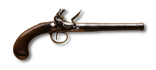 An example of a flintlock pistol in 'Queen Anne' layout, made in Lausanne by Galliard, circa 1760. On display at Morges military museum. This file is licensed under the Creative Commons Attribution-Share Alike 2.0 France license.