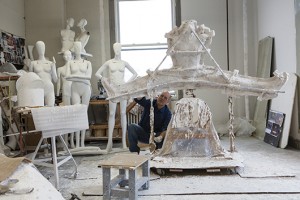 ‘Sculptor Michael Evert in His Studio’ with mannequin mold. From left: Model, Diane Von Furstenberg, Model 1, Model 2, 2014, collection of Ralph Pucci