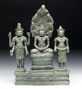 Museum-quality Khmer bronze Buddha grouping, ex Doris Wiener, $4,000-$6,000. Artemis Gallery image