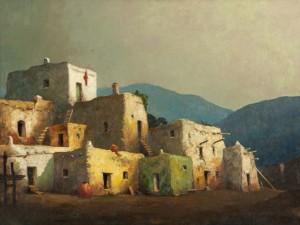 Estimated to earn $15,000 to $20,000, this nocturne by Will Sparks (1862-1937) is aptly titled ‘Taos Pueblo at Dusk.’ John Moran Auctioneers image