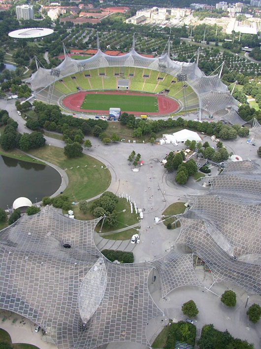 The roof tensile structures by Frei Otto of the Olympiapark, Munich. Image by Dave Morris from Edinburgh, U.K. This file is licensed under the Creative Commons Attribution 2.0 Generic license.