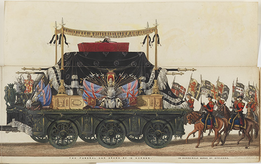 Detail of 'Panoramic View of the Entire Funeral Procession of Arthur, Duke of Wellington,' the panel showing the Funeral Carriage, by Samuel Henry Gordon Alken and George Augustus Sala, 1853 © National Portrait Gallery, London
