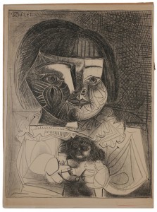 Pablo Picasso (Spanish, 1881-1973), 'Paloma et sa Poupée sur Fond Noir' (B.7), 1952, edition 19/50; printed by Mourlot, signed in red pencil lower right 'Picasso,' lithograph on paper, 29 7/8 x 22 1/4 in. Estimate: $20,000-$30,000. Brunk Auctions image