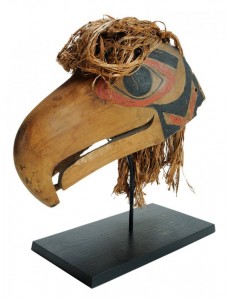 Northwest Coast polychrome carved cedar seahawk headdress, late 19th/early 20th century, 7 1/2 x 14 1/2 in., 16 in. with painted wood stand. Estimate: $12,000-$18,000. Brunk Auctions image