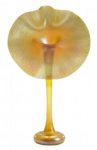 Tiffany Studios iridescent gold jack-in-the-pulpit vase, late 19th/early 20th century, signed 'L.C. Tiffany-Favrile 9253G,' 19 1/4 in. Estimate: $10,000-$15,000. Brunk Auctions image
