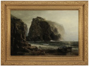 William Trost Richards, (Pennsylvania/Rhode Island, 1833-1905), 'Coast of Cornwall-View of Tintagel Castle,' signed lower right 'Wm. T. Richards.1883.' oil on canvas, 40 1/4 x 60 3/8 in. Estimate: $60,000-$90,000. Brunk Auctions image