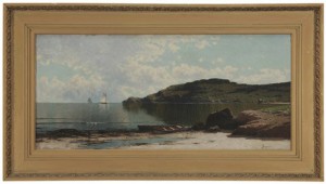 Alfred Thompson Bricher (New York/New Hampshire, 1837-1908), 'Calm Inlet,' possibly Bailey's Island, Maine, signed lower right 'T Bricher,' oil on canvas with Devoe & Co. palette colorman stamp, 18 x 39 in. Estimate: $50,000-$70,000. Brunk Auctions image
