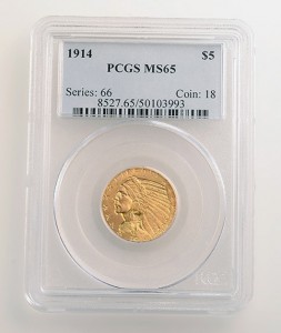 Lot 1003 – U.S. 1914 Indian Head $5 PCGS MS65 gold coin. Sold for $11,210. Michaan’s Auctions image