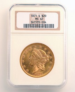 Lot 1147 – U.S. 1871 S $20 NGC MS62 gold coin. Sold for $11,210. Michaan’s Auctions image