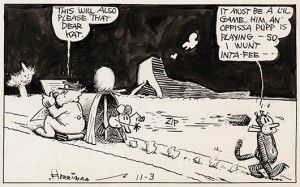 Panel depicting now-classic brick-throwing scene from original art for Krazy Kat Sunday comic strip appearing Nov. 3, 1935. Art by George Herriman. Image courtesy of Hake's Americana & Collectibles