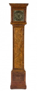 George II walnut tall case clock, T. Reynold, Oxford, having a stepped cornice over a brass dial with Roman hours and Arabic minutes, further inset with date dial, raised on a straight trunk, 85 1/4 inches. Estimate: $1,000-$2,000. Leslie Hindman Auctioneers