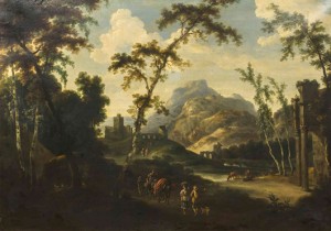 Manner of Adam Pynacker (Dutch, c. 1620-1673), ‘An Italianate Landscape with Travelers,’ oil on canvas, 34 x 48 inches. Estimate: $1,000-$2,000. Leslie Hindman Auctioneers
