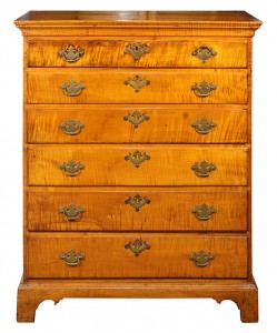 Exceptional antique furniture from the Richard Melon Scaife Estate will include this circa 1790 American Chippendale tiger maple highboy. Clars Auction Gallery image