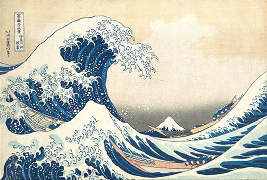 'Under the Wave off Kanagawa' (Kanagawa oki nami ura), also known as the 'Great Wave,' from the series Thirty-six Views of Mount Fuji (Fugaku sanjūrokkei), Katsushika Hokusai, Japan, Edo period (1615–1868), ca. 1830–32, polychrome woodblock print; ink and color on paper. The Metropolitan Museum of Art, H.O. Havemeyer Collection, Bequest of Mrs. H.O. Havemeyer, 1929.