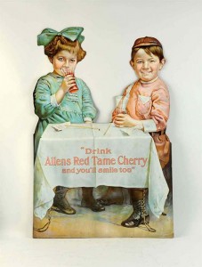 1910 Allens Red Tame Cherry Red cut-out sign, est. $800-$1,400. Morphy Auctions image