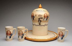 Earl Hires syrup dispensing bowl with platter and three additional tall mugs, est. $75,000-$125,000. Morphy Auctions image
