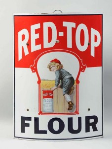 Red-Top Flour curved porcelain sign, est. $10,000-$20,000. Morphy Auctions image