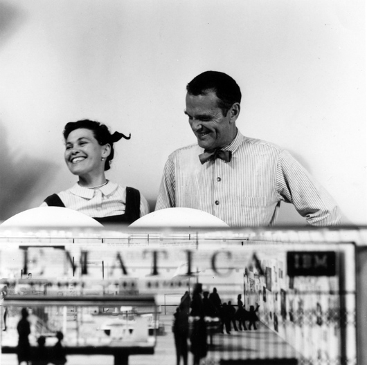 Ray and Charles Eames with the final model of 'Mathematica: A World of Numbers … and Beyond,' 1961. Image courtesy of the Eames Office