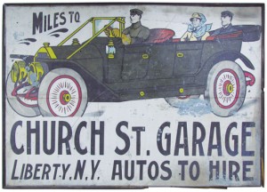 Rare Ithaca tin sign advertising the Church Street Garage in Liberty, N.Y., impressive at 48 inches by 73 inches. Showtime Auction Services image
