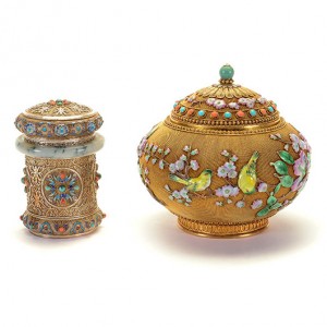 Two gilt-silver containers with enameled decoration, 20th century. Estimate: $2,000-$3,000. Michaan's Auctions image
