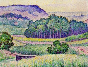 Early 1905 pointillist landscape painting by Jean Metzinger (German/French, 1883-1956), one of two Metzinger works in the sale. Price realized: $177,500. A.B. Levy’s image