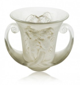 Frosted glass vase made circa 1930 by Rene Lalique, titled Nadica, 10 1/2 inches tall, formerly owned by the King of Nepal. Price realized: $148,750. A.B. Levy’s image