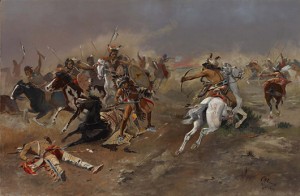 Charles M. Russell, 'For Supremacy,' oil, size: 23 x 35in. Price realized: $1.5 million. Image courtesy of the C.M. Russell Museum
