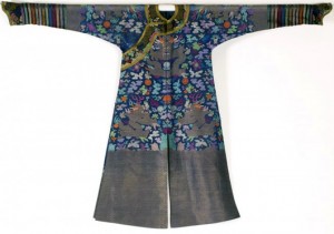 Fine Chinese blue silk embroidered imperial dragon robe. Length: 80in x width: 52.5in. Linwoods Auction image