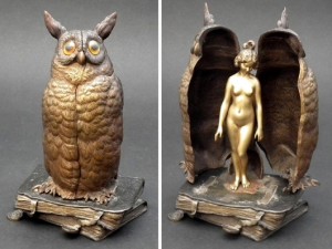 Naughty but nice: a Franz Bergman cold-painted bronze metamorphic owl, modeled perched on a pile of books, one titled 'Namgreb.' The ribbon tie, front right, works the mechanical movement, opening the owl to reveal the nude woman. It measured 7.5 inches and sold for £3,600. Photo Peter Wilson