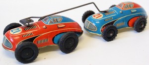 Post-WWII lithographed tin wind-up Uberholende Rennautos (Overtaking Race Cars) #21 double racers, made by Philipp Niedermeier (PN), West Germany. Continental Hobby House image